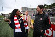 18 July 2024; Mayor of Derry City and Strabane Lilian Seenoi-Barr with Derry City manager Ruaidhrí Higgins before the UEFA Conference League first qualifying round second leg match between Derry City and FCB Magpies at the Ryan McBride Brandywell Stadium in Derry. Photo by Stephen McCarthy/Sportsfile