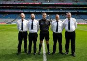 14 July 2024; Referee Conor Dourneen and his umpires before the GAA Football All-Ireland Junior Championship final between London and New York at Croke Park in Dublin. Photo by Ray McManus/Sportsfile