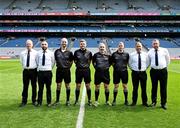 14 July 2024; Referee Conor Dourneen, his umpires and officials before the GAA Football All-Ireland Junior Championship final between London and New York at Croke Park in Dublin. Photo by Ray McManus/Sportsfile