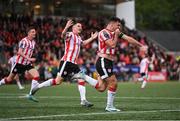 18 July 2024; Patrick Hoban of Derry City celebrates after scoring his side's second goal during the UEFA Conference League first qualifying round second leg match between Derry City and FCB Magpies at the Ryan McBride Brandywell Stadium in Derry. Photo by Stephen McCarthy/Sportsfile