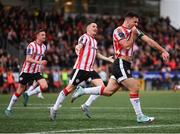 18 July 2024; Patrick Hoban of Derry City celebrates after scoring his side's second goal during the UEFA Conference League first qualifying round second leg match between Derry City and FCB Magpies at the Ryan McBride Brandywell Stadium in Derry. Photo by Stephen McCarthy/Sportsfile