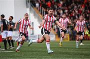 18 July 2024; Patrick Hoban of Derry City celebrates after scoring his side's second goal during the UEFA Conference League first qualifying round second leg match between Derry City and FCB Magpies at the Ryan McBride Brandywell Stadium in Derry. Photo by Stephen McCarthy/Sportsfile