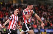 18 July 2024; Patrick Hoban of Derry City celebrates after scoring his side's second goal during the UEFA Conference League first qualifying round second leg match between Derry City and FCB Magpies at the Ryan McBride Brandywell Stadium in Derry. Photo by Stephen McCarthy/Sportsfile