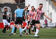 18 July 2024; Patrick Hoban of Derry City celebrates after scoring his side's second goal during the UEFA Conference League first qualifying round second leg match between Derry City and FCB Magpies at the Ryan McBride Brandywell Stadium in Derry. Photo by Stephen McCarthy/Sportsfile