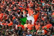 13 July 2024; Armagh fans, with a Tricolour, on Hill 16 the GAA Football All-Ireland Senior Championship semi-final match between Armagh and Kerry at Croke Park in Dublin. Photo by Ray McManus/Sportsfile