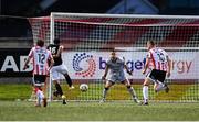 18 July 2024; Evan De Haro of Magpies scores his side's first goal past Derry City goalkeeper Brian Maher during the UEFA Conference League first qualifying round second leg match between Derry City and FCB Magpies at the Ryan McBride Brandywell Stadium in Derry. Photo by Stephen McCarthy/Sportsfile