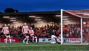 18 July 2024; Evan De Haro of Magpies scored his side's goal past Derry City goalkeeper Brian Maher during the UEFA Conference League first qualifying round second leg match between Derry City and FCB Magpies at the Ryan McBride Brandywell Stadium in Derry. Photo by Stephen McCarthy/Sportsfile