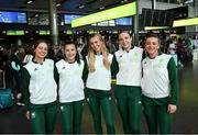 19 July 2024; Athletes, from left, Sophie Becker, Phil Healy, Sharlene Mawdsley, Rachel McCann and Lauren Cadden at Dublin Airport as members of Team Ireland Depart for the 2024 Paris Olympic Games. Photo by David Fitzgerald/Sportsfile