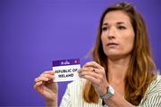 19 July 2024; Special guest Sandy Maendly draws out the card of Republic of Ireland during the UEFA Women's EURO 2025 Play-offs Round Draw at the UEFA Headquarters, The House of the European Football, in Nyon, Switzerland. Photo by Kristian Skeie/UEFA via Sportsfile