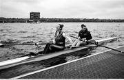 21 October 2023; (EDITOR'S NOTE; Image has been converted to black & white) Team Ireland rowers Fiona Murtagh, left, and Aifric Keogh during a Team Ireland rowing training camp at Vaires Sur Marne in Paris, France. The Nautical Stadium at Vaires-sur-Marne will host the Olympic and Paralympic rowing and canoe-kayak events at the 2024 Paris Olympic Games. Photo by Brendan Moran/Sportsfile