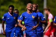 19 July 2024; Jean-Mattéo Bahoya of France celebrates after scoring his side's first goal during the UEFA European U19 Championship Final match between Denmark and France at Inver Park in Larne, Northern Ireland. Photo by Ben McShane/Sportsfile