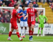 19 July 2024; Kyle McDonagh is congratulated by Kailin Barlow of Sligo Rovers after scoring his side's second goal during the pre-season friendly match between Sligo Rovers and Everton at The Showgrounds in Sligo. Photo by Stephen Marken/Sportsfile