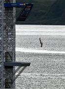 19 July 2024; Archie Biggin of Great Britain during the the Red Bull Cliff Diving World Series event in Ballycastle, Northern Ireland. Photo by Harry Murphy/Sportsfile