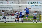 19 July 2024; Enda Curran of Treaty United has a header on goal during the Sports Direct Men’s FAI Cup second round match between Treaty United and Kilbarrack United at Markets Field in Limerick. Photo by Michael P Ryan/Sportsfile