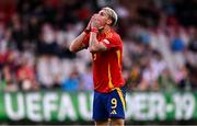 19 July 2024; Iker Bravo of Spain reacts after a missed opportunity on goal late on in the UEFA European U19 Championship Finals Group B match between Türkiye and Spain at Seaview in Belfast, Northern Ireland. Photo by Ben McShane/Sportsfile