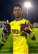 19 July 2024; Treaty United goalkeeper Michael Dike celebrates after his side's victory in the Sports Direct Men’s FAI Cup second round match between Treaty United and Kilbarrack United at Markets Field in Limerick. Photo by Michael P Ryan/Sportsfile