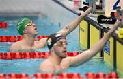 20 July 2024; Daniel Wiffen, left, and Nathan Wiffen during a Team Ireland Paris 2024 Aquatics team training session at the National Aquatic Centre on the Sport Ireland Campus in Dublin. Photo by Seb Daly/Sportsfile