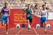20 July 2024; Eoin O'Callaghan of Ireland, centre, competes in the 100m of the men's decathlon during day three of the European U18 Athletics Championships at the National Athletics Stadium in Banská Bystrica, Slovakia. Photo by Coen Schilderman/Sportsfile