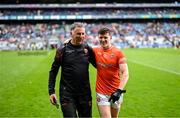 29 June 2024; Joe McElroy of Armagh celebrates with team psychologist Hugh Campbell after the GAA Football All-Ireland Senior Championship quarter-final match between Armagh and Roscommon at Croke Park in Dublin. Photo by Stephen McCarthy/Sportsfile