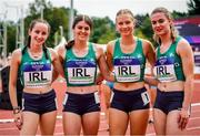 20 July 2024; The Ireland women's medley relay team, from left, Elena O'Sullivan, Erin Friel, Maria Zakharenko and Katie Doherty during day three of the European U18 Athletics Championships at the National Athletics Stadium in Banská Bystrica, Slovakia. Photo by Coen Schilderman/Sportsfile
