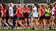 20 July 2024; Hannah Looney of Cork, 17, encourages her team-mates during the parade before the TG4 All-Ireland Ladies Football Senior Championship semi-final match between Cork and Galway at Glenisk O’Connor Park in Tullamore, Offaly. Photo by Piaras Ó Mídheach/Sportsfile