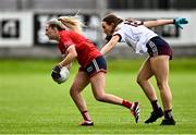 20 July 2024; Daire Kiely of Cork in action against Niamh Divilly of Galway during the TG4 All-Ireland Ladies Football Senior Championship semi-final match between Cork and Galway at Glenisk O’Connor Park in Tullamore, Offaly. Photo by Piaras Ó Mídheach/Sportsfile