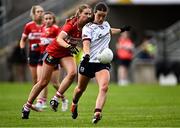 20 July 2024; Róisín Leonard of Galway shoots under pressure from Aoife Healy of Cork during the TG4 All-Ireland Ladies Football Senior Championship semi-final match between Cork and Galway at Glenisk O’Connor Park in Tullamore, Offaly. Photo by Piaras Ó Mídheach/Sportsfile