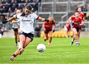 20 July 2024; Róisín Leonard of Galway scores her side's first goal, a penalty, during the TG4 All-Ireland Ladies Football Senior Championship semi-final match between Cork and Galway at Glenisk O’Connor Park in Tullamore, Offaly. Photo by Piaras Ó Mídheach/Sportsfile