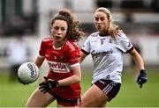 20 July 2024; Abbie O’Mahony of Cork in action against Ailbhe Davoren of Galway during the TG4 All-Ireland Ladies Football Senior Championship semi-final match between Cork and Galway at Glenisk O’Connor Park in Tullamore, Offaly. Photo by Piaras Ó Mídheach/Sportsfile