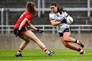 20 July 2024; Róisín Leonard of Galway in action against Abbie O’Mahony of Cork during the TG4 All-Ireland Ladies Football Senior Championship semi-final match between Cork and Galway at Glenisk O’Connor Park in Tullamore, Offaly. Photo by Piaras Ó Mídheach/Sportsfile