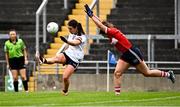 20 July 2024; Róisín Leonard of Galway in action against Shauna Kelly of Cork during the TG4 All-Ireland Ladies Football Senior Championship semi-final match between Cork and Galway at Glenisk O’Connor Park in Tullamore, Offaly. Photo by Piaras Ó Mídheach/Sportsfile