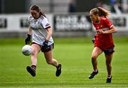 20 July 2024; Nicola Ward of Galway in action against Rachel Leahy of Cork during the TG4 All-Ireland Ladies Football Senior Championship semi-final match between Cork and Galway at Glenisk O’Connor Park in Tullamore, Offaly. Photo by Piaras Ó Mídheach/Sportsfile