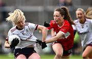 20 July 2024; Louise Ward of Galway is tackled by Abbie O’Mahony of Cork during the TG4 All-Ireland Ladies Football Senior Championship semi-final match between Cork and Galway at Glenisk O’Connor Park in Tullamore, Offaly. Photo by Piaras Ó Mídheach/Sportsfile