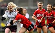 20 July 2024; Louise Ward of Galway is tackled by Abbie O’Mahony of Cork during the TG4 All-Ireland Ladies Football Senior Championship semi-final match between Cork and Galway at Glenisk O’Connor Park in Tullamore, Offaly. Photo by Piaras Ó Mídheach/Sportsfile