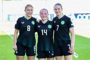 21 July 2024; Republic of Ireland players, from left, Jessica Fitzgerald, Freya Healy and Ellen Dolan after the UEFA Women's Under-19 European Championships Group B match between Republic of Ireland and Netherlands at Futbolo Stadionas Marijampoleje in Marijampole, Lithuania. Photo by Saulius Cirba/Sportsfile