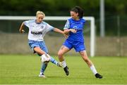 21 July 2024; Caroline Thorpe of Eastern Women’s Football League in action against Rachel Hutchinson of Waterford Women’s League during the FAI Women’s Angela Hearst Inter-League Cup final match between Waterford Women’s League and Eastern Women’s Football League at Arklow Town FC in Wicklow. Photo by Matt Browne/Sportsfile