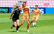 21 July 2024; Joy Ralph of Republic of Ireland in action against Karlijn Woons of Netherlands during the UEFA Women's Under-19 European Championships Group B match between Republic of Ireland and Netherlands at Futbolo Stadionas Marijampoleje in Marijampole, Lithuania. Photo by Saulius Cirba/Sportsfile