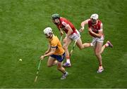 21 July 2024; Aidan McCarthy of Clare in action against Mark Coleman, left, and Tim O'Mahony of Cork during the GAA Hurling All-Ireland Senior Championship Final between Clare and Cork at Croke Park in Dublin. Photo by Daire Brennan/Sportsfile
