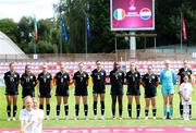 21 July 2024; Republic of Ireland players stand for the playing of the National Anthem before the UEFA Women's Under-19 European Championships Group B match between Republic of Ireland and Netherlands at Futbolo Stadionas Marijampoleje in Marijampole, Lithuania. Photo by Saulius Cirba/Sportsfile