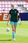 21 July 2024; Republic of Ireland goalkeeper Katie Keane warms up before the UEFA Women's Under-19 European Championships Group B match between Republic of Ireland and Netherlands at Futbolo Stadionas Marijampoleje in Marijampole, Lithuania. Photo by Saulius Cirba/Sportsfile