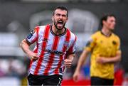 21 July 2024; Michael Duffy of Derry City celebrates after scoring his side's third goal during the Sports Direct Men’s FAI Cup second round match between Derry City and St Patrick’s Athletic at the Ryan McBride Brandywell Stadium in Derry. Photo by Ben McShane/Sportsfile