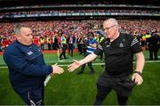 21 July 2024; Clare manager Brian Lohan shakes hands with Cork manager Pat Ryan, left, after the GAA Hurling All-Ireland Senior Championship Final between Clare and Cork at Croke Park in Dublin. Photo by Stephen McCarthy/Sportsfile