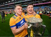 21 July 2024; Shane O'Donnell, left, and Paul Flanagan of Clare celebrate with the Liam MacCarthy cup after the GAA Hurling All-Ireland Senior Championship Final between Clare and Cork at Croke Park in Dublin. Photo by Stephen McCarthy/Sportsfile