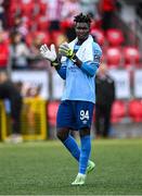 21 July 2024; St Patrick's Athletic goalkeeper Joseph Anang reacts after the Sports Direct Men’s FAI Cup second round match between Derry City and St Patrick’s Athletic at the Ryan McBride Brandywell Stadium in Derry. Photo by Ben McShane/Sportsfile