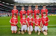 21 July 2024; The Cork team, back row from left, Evan Diggin, Scoil Chríost Rí, Tralee, Kerry, Dylan Kelly, St Brigid's NS, Bagnalstown, Carlow, Conor Ho Flynn, St Joseph's BNS, Terenure Road, Bobby Moore, St Pius X BNS, Terenure, Dublin, Riain Casey, Our Lady of Mercy NS, Stradbally, Waterford, and front row, Liam Meade, Ballyfin NS, Ballyfin, Laois, Sean Quinn, St John's PS, Swatragh, Derry, Flynn Hasson, Roan St Patrick's Eglish, Dungannon, Tyrone, Liam McKenna, Coachford NS, Coachford, Cork, and Shay Mallie, Scoil Mhuire na mBuachaillí, Monaghan, before the GAA INTO Cumann na mBunscol Respect Exhibition Go Games at the GAA Hurling All-Ireland Senior Championship final between Clare and Cork at Croke Park in Dublin. Photo by Sam Barnes/Sportsfile