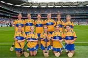21 July 2024; The Clare team, backrow from left,  Emer Byrnes, Ballybrown NS, Clarion, Limerick, Emma McGrath, Colton NS, School Lane Colton, Louth, Ellen Bryan, Scoil Bhríde, Kill, Kildare, Biborka Benko, Clarecastle NS, Clarecastle, Annie Scullion, St Mary's PS, Portglenone, Antrim, and Mya Kane, St Patrick's, Crossmaglen, Armagh, and front row, Hannah Martyn, Carrabane NS, Athenry, Galway, Áine Nic Sheoinín, GS na Cruaiche, Cathair na Mart, Maigh Eo, Aoife Kelly, Dromore NS, Killygordon, Laci Graham, St Patrick's, Arklow, Wicklow, and Sarah O'Leary before the GAA INTO Cumann na mBunscol Respect Exhibition Go Games at the GAA Hurling All-Ireland Senior Championship final between Clare and Cork at Croke Park in Dublin. Photo by Sam Barnes/Sportsfile
