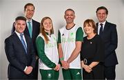 22 July 2024; Pictured is Geoff Sparling, Phillip Gronemeyer, swimmer Mona McSharry, athlete Thomas Barr, Catherine Tiernan and Peter Sherrard as Allianz Ireland announces the renewal of its partnership with the Olympic Federation of Ireland, reaffirming its commitment to supporting Team Ireland on their journey through to LA 2028. #YouWriteIt #WeUnderwriteIt Photo by Sam Barnes/Sportsfile