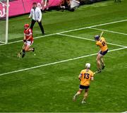 21 July 2024; David Fitzgerald of Clare has his shot blocked by Ciarán Joyce of Cork during the GAA Hurling All-Ireland Senior Championship Final between Clare and Cork at Croke Park in Dublin. Photo by Daire Brennan/Sportsfile