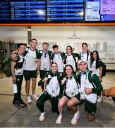 22 July 2024; Team Ireland boxers, back row, from left, Kellie Harrington, Jack Marley, Dean Clancy, Jude Gallagher, Grainne Walsh, Aoife O'Rourke and Daina Moorhouse and front row, from left, Michaela Walsh, Jennifer Lehane and Aidan Walsh on their arrival at Charles de Gaulle airport in Paris ahead of the 2024 Paris Summer Olympic Games in Paris, France. Photo by David Fitzgerald/Sportsfile