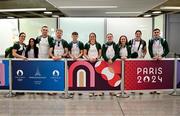 22 July 2024; Team Ireland boxers, from left, Kellie Harrington, Daina Moorehouse, Jack Marley, Dean Clancy, Jude Gallagher, Grainne Walsh, Michaela Walsh, Jennifer Lehane, Aoife O’Rourke and Aidan Walsh on their arrival at Paris Airport during their arrival at Charles de Gaulle airport in Paris ahead of the 2024 Paris Summer Olympic Games in Paris, France. Photo by Stephen McCarthy/Sportsfile